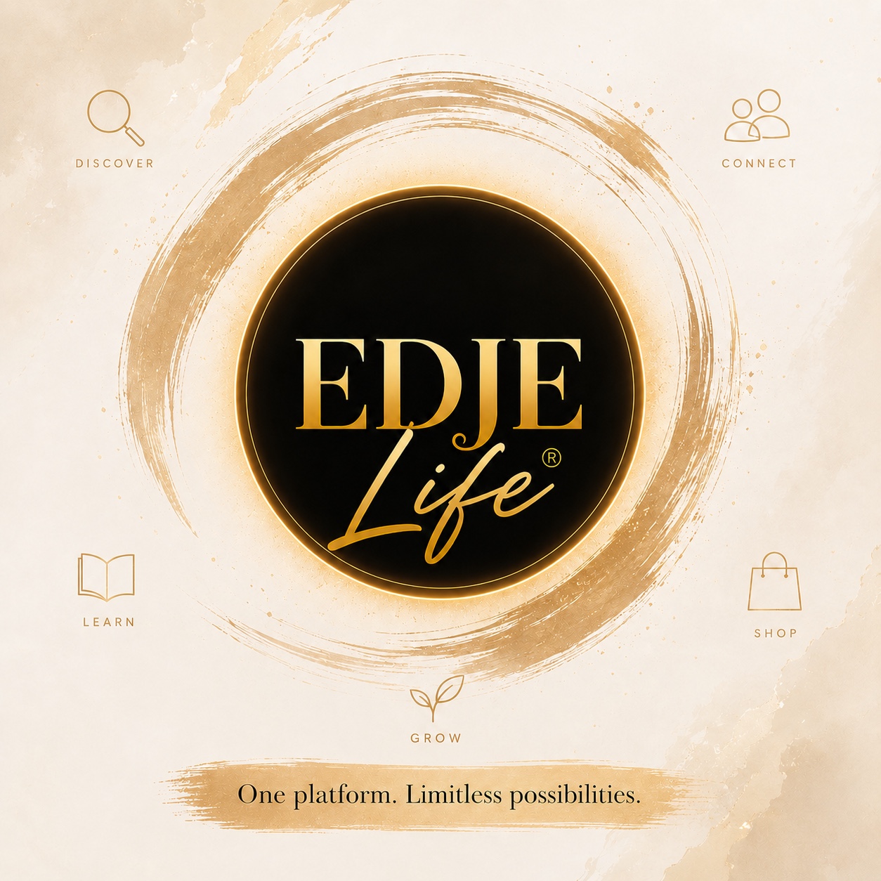 EDJE Life ecosystem logo featuring Discover, Connect, Learn, Shop, and Grow